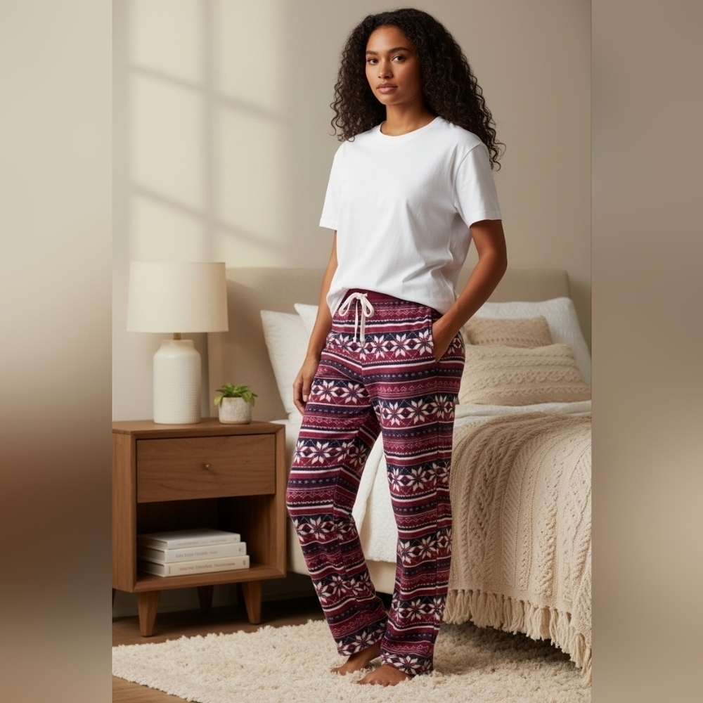 Nautica Womens Festive Patterned Lounge Pants Small NWOT Pockets Velour